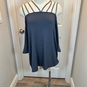 Newchoice Cold Shoulder Strappy Neck Top Blue Bell Sleeve Tunic Tee